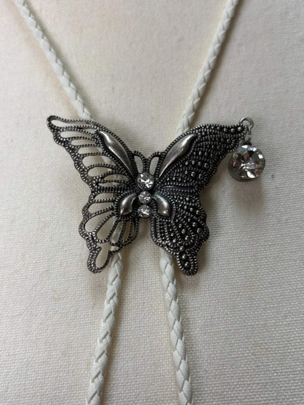 Handcrafted Butterfly Bolo Tie Necklace White Braided Cord - Picture 4 of 7
